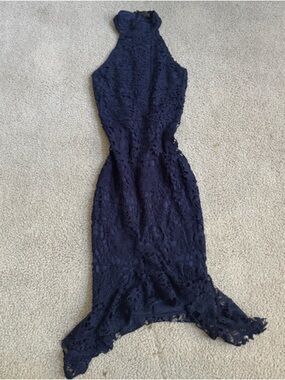 Missguided Navy High-Neck Lace High-Low Dress classy night out